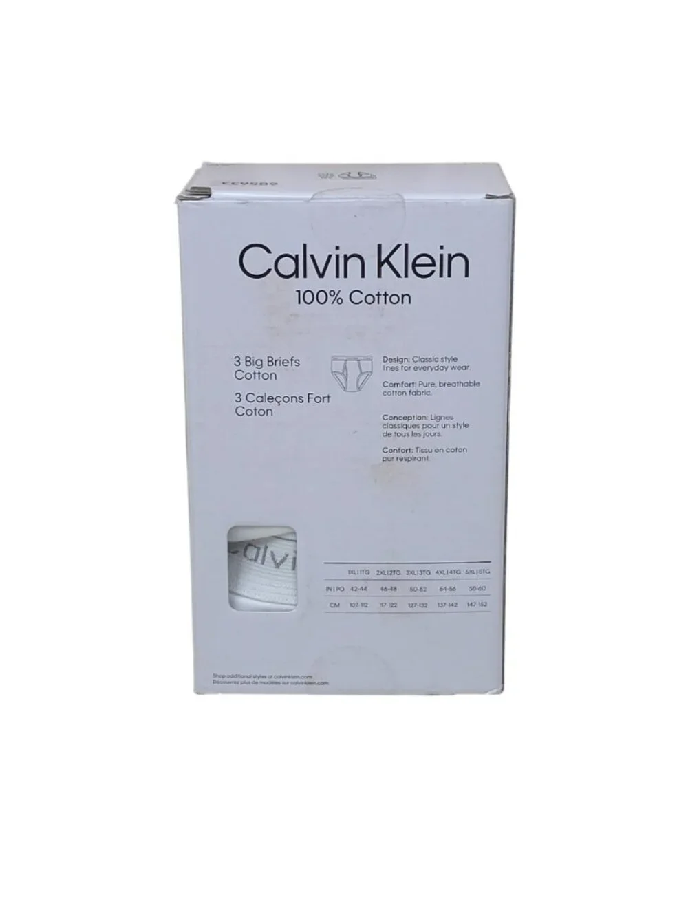 Calvin Klein Mens 3-Pack Big Briefs 100% Cotton Classic Fit Size 5XL White